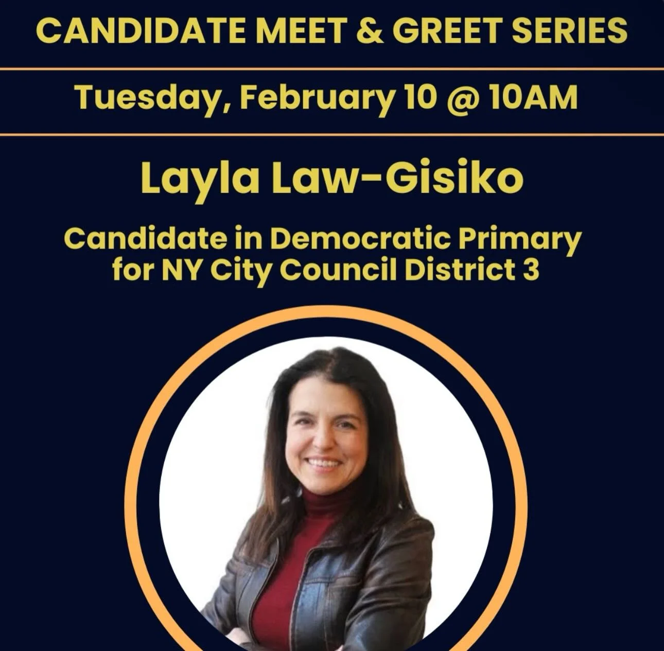 Two Speaker Tuesday! Join for postcarding beginning at 9:30am.

&bull;10AM: Layla Law-Gisiko-
Candidate in Democratic Primary for NY City Council District 3 @laylalawgisiko 

&bull;11AM: Nina Schwalbe, Candidate in Democratic Primary for Congress (NY