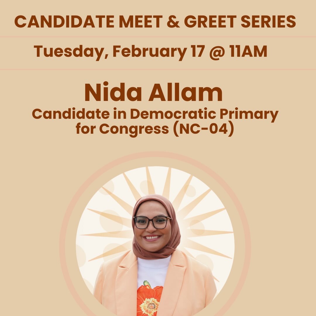 Three Speaker Tuesday! Join for postcarding beginning at 9:30am.

&bull;10AM: Jami Floyd 
Candidate in Democratic Primary for Congress (NY-12) 

&bull;11AM: Nida Allam, Candidate, Democratic Primary  for Congress (NC-04) @nidaallam 

&bull;11:30AM: R