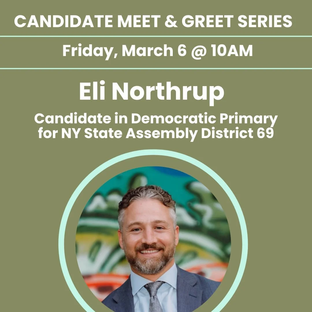 Join for postcarding and conversation beginning at 9:30am! 

&bull;10AM: Eli Northrup
Candidate in Democratic Primary 
NY State Assembly District 69 @elinorthrup4ny 

Eli Northrup is a public defender, policy advocate and community leader who has spe