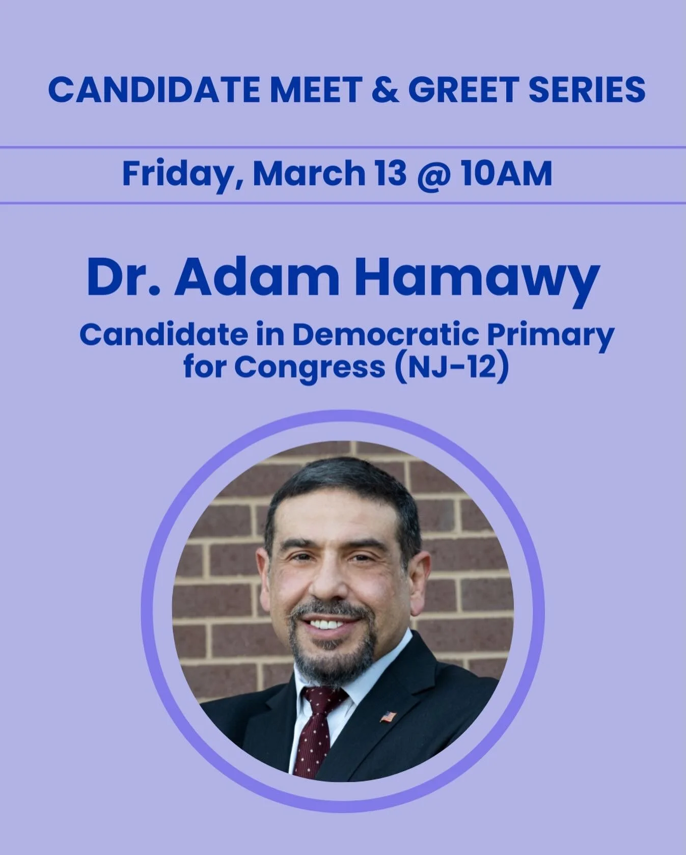 Two guest speakers this Friday morning. Postcarding beginning at 9:30am.

&bull;10AM: Dr. Adam Hamawy
Candidate in Democratic Primary for Congress (NJ-12) @hamawyfornj 

&bull;11AM: Bob Fertik, President, Democrats.com 

Dr Hamawy served as a combat 