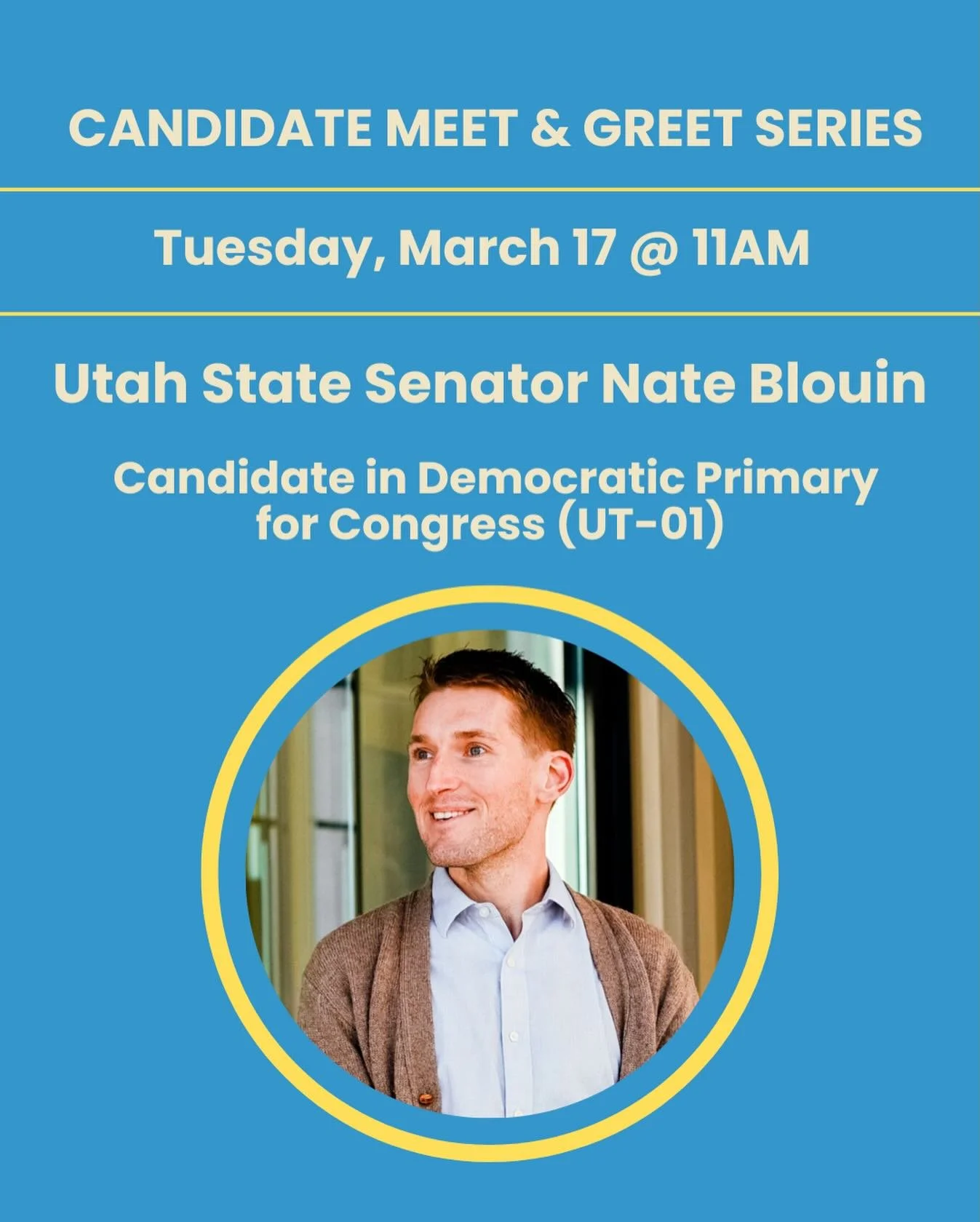 📣Two Speaker Tuesday! Join for postcarding beginning at 9:30am

&bull;10AM: Ruth Messinger, Social Justice Activist 

&bull;11AM: Utah State Senator Nate Blouin, Candidate in Democratic Primary for Congress (UT-01) @nateforutah 

The progressive cho