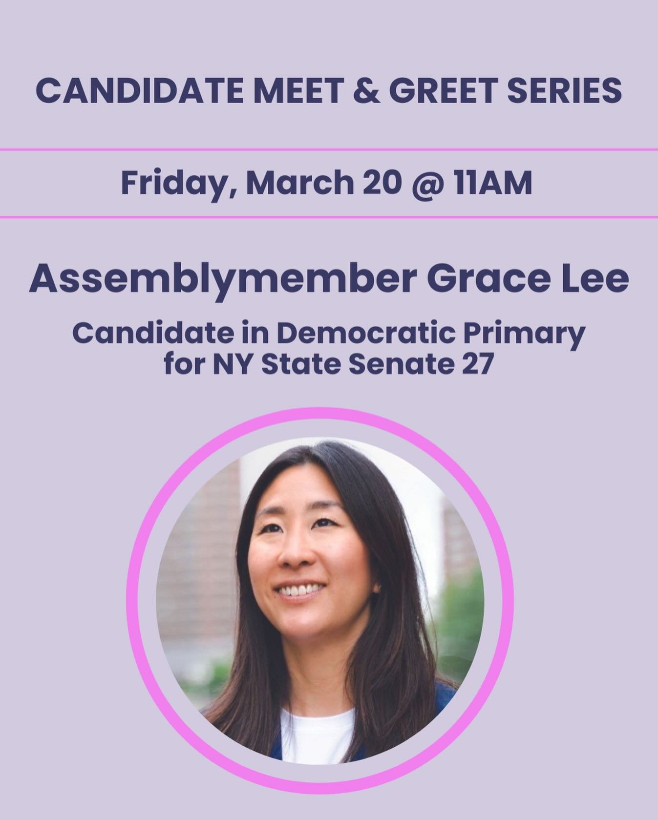 Hop on this Friday morning with postcarding beginning at 9:30am.

&bull;11AM: Assemblymember Grace Lee, Candidate in Democratic Primary for NY State Senate 27 @graceleefornyc 

Assemblymember Lee,&nbsp;began as a community organizer, where she built 