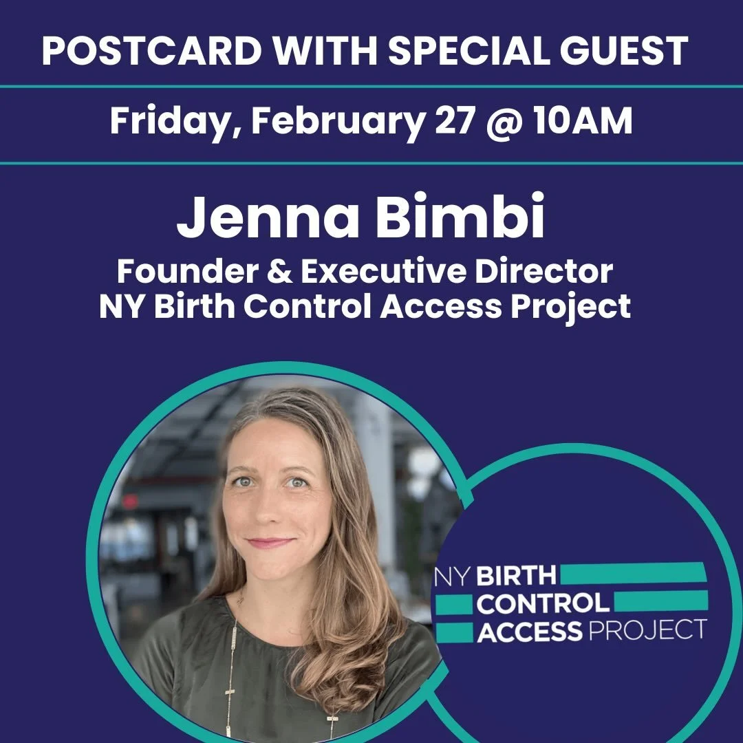 Join us Friday morning for two speakers! Postcarding and conversation beginning at 9:30AM. 

&bull;10AM:  Jenna Bimbi, 
Founder &amp; Executive Director, NY Birth Control Access Project @nybcap 

&bull;11AM: IL State Senator Robert Peters,&nbsp;Candi