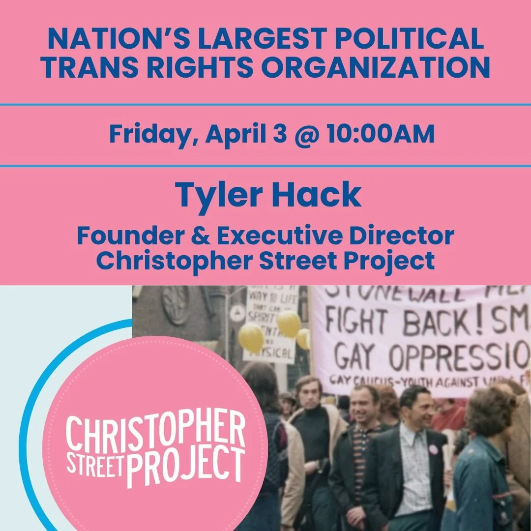 Hop on this Friday morning with postcarding beginning at 9:30am!

&bull;10AM: Tyler Hack, Founder &amp; Executive Director Christopher Street Project @christopherstreetproject 

Tyler will recap Christopher Street Project&rsquo;s Trans Day of Visibil