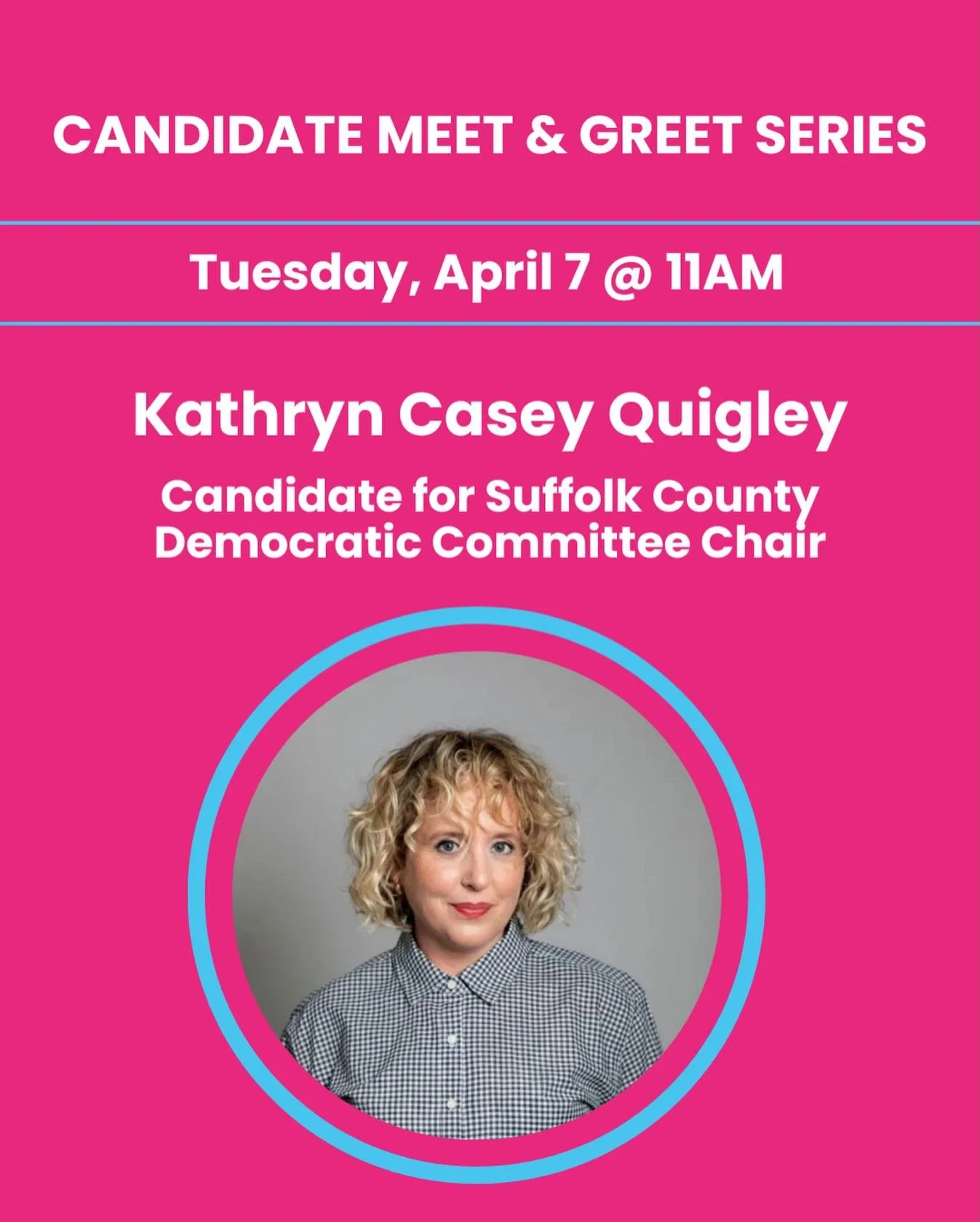 Join us Tuesday morning for postcard &amp; lively conversation beginning at 9:30 am!

&bull;11AM: Kathryn Casey Quigley,&nbsp;Candidate for Suffolk County Democratic Chair @kathcaseyquigley 

This position is an internal party position elected by a v