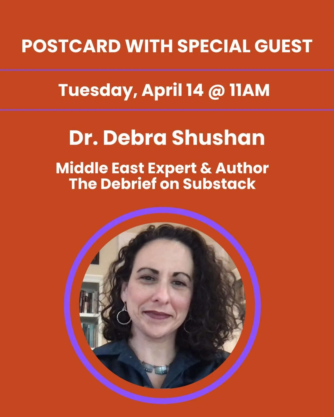 📣Two Speaker Tuesday! Join for postcarding beginning at 9:30am.

&bull;10AM: Alex Beauchamp, Northern Region Director, Food &amp; Water Watch

&bull;11AM: Dr. Debra Shushan 
Middle East Expert &amp; 
Author, The Debrief on Substack @drshushan1 

A M