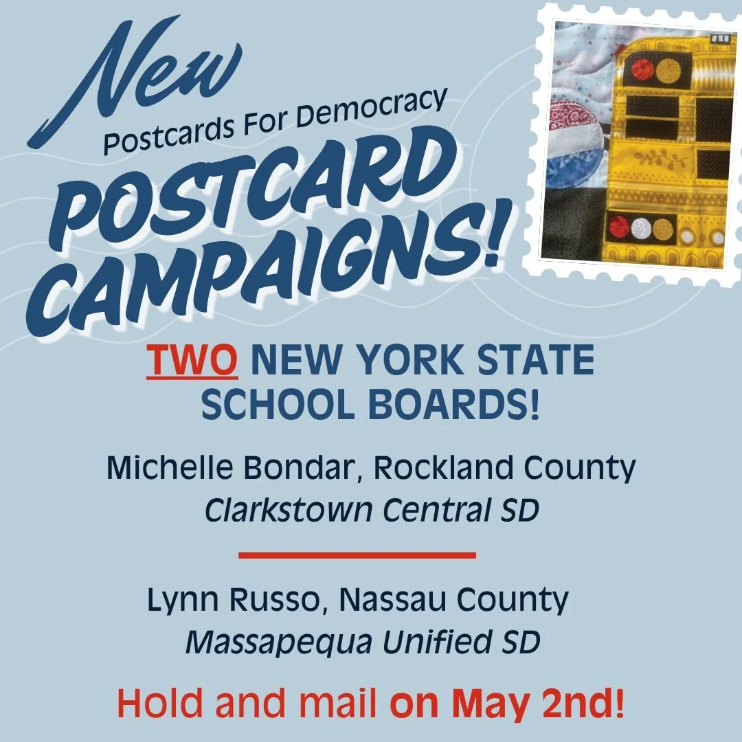 TWO New Postcard Campaigns!

Help turn out school board voters in two New York state school districts:

&bull;Michelle Bondar is running for Clarkstown Central SD to support academic excellence for all students and to promote high-quality professiona