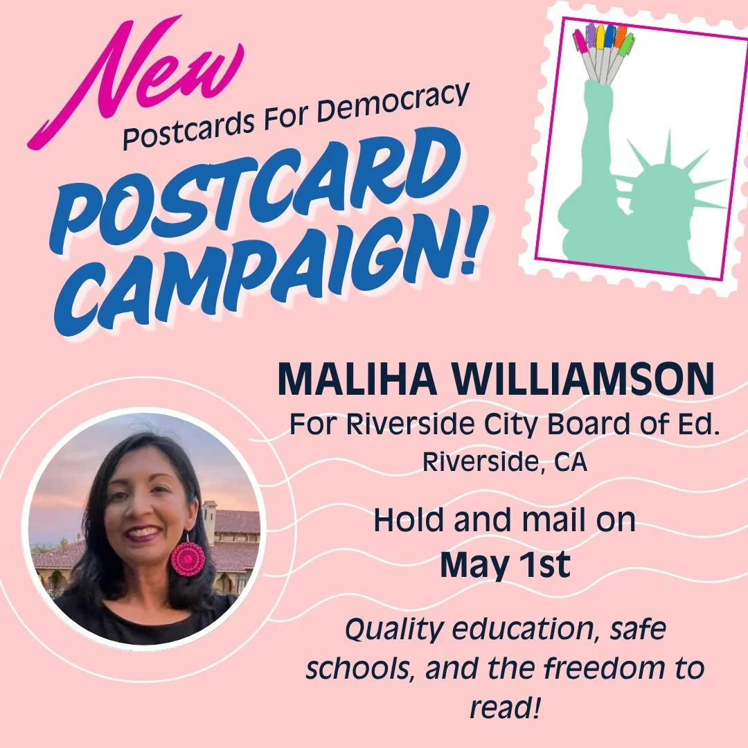 Let&rsquo;s write to California voters!

Maliha Williamson @maliha4rcoe is running for Riverside Board of Education to ensure all students have access to a quality education. A proud graduate of California public schools, she will use her experience 