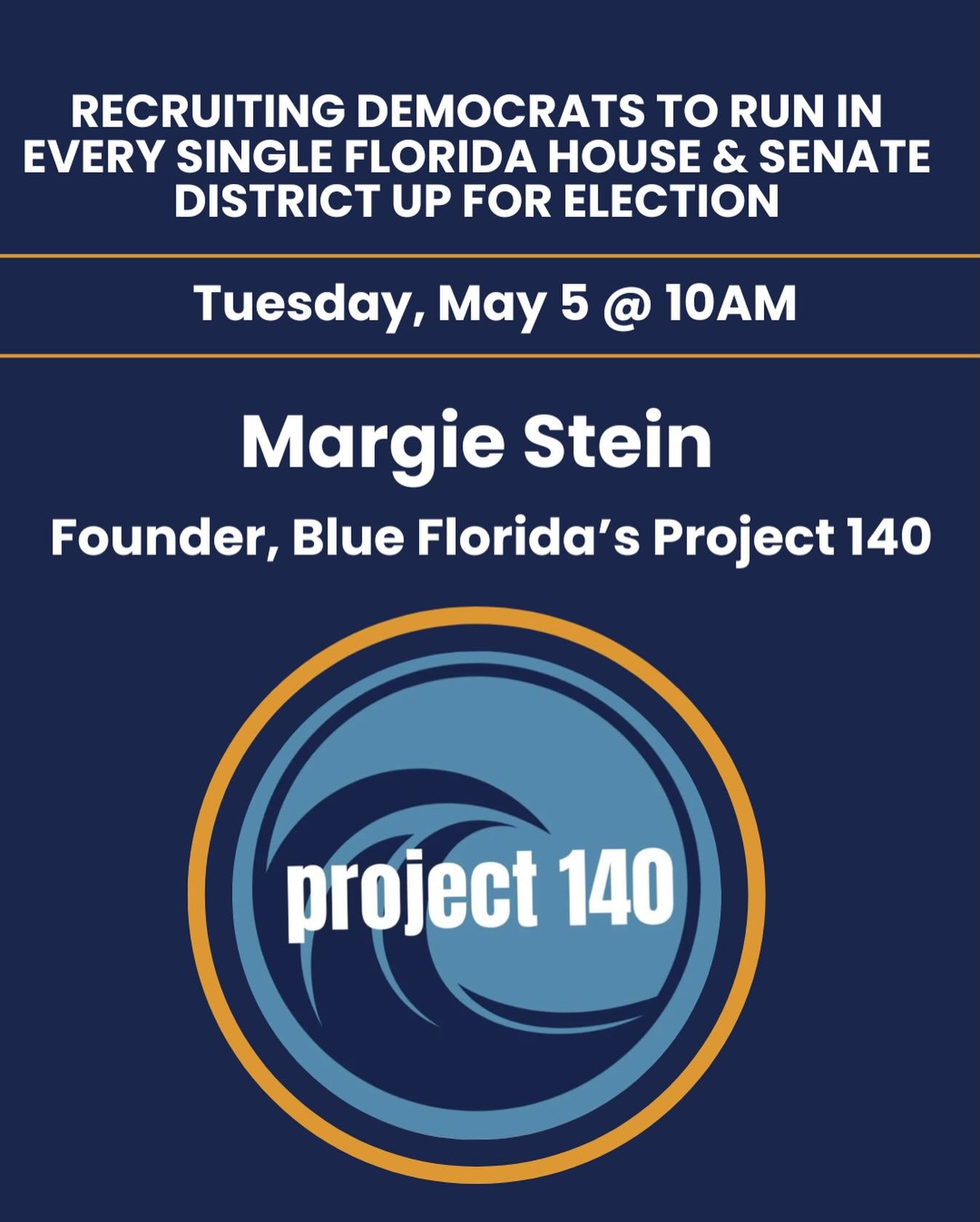 Two guests this Tuesday morning! Join us for postcarding beginning at 9:30 am. 

&bull;10AM: Margie Stein, Founder 
Blue Florida&rsquo;s Project 140 @project140fl @margienaplesre 

&bull;11AM: Ny Whitaker, Political Strategist 

Margie Stein is retur