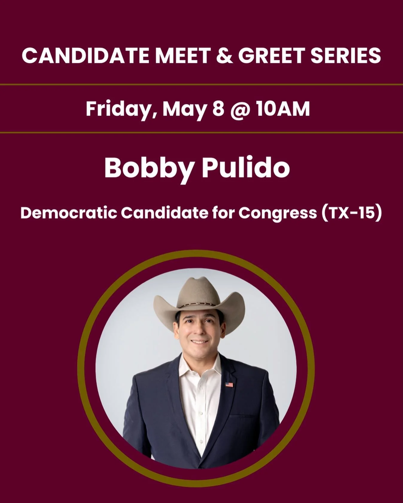Join us Friday morning for postcarding &amp; conversation beginning at 9:30 am!

&bull;10AM: Bobby Pulido,&nbsp;Democratic Candidate for Congress (TX-15) @bobbypulido425 

Born and raised in Edinburg, TX, Bobby studied political science before pursui