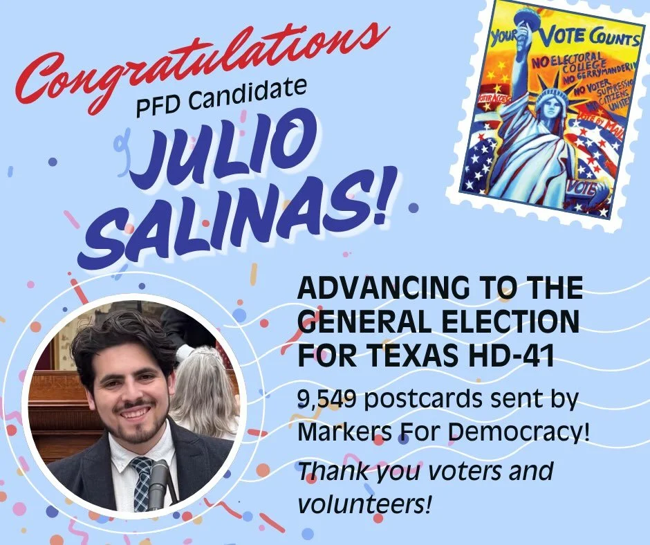Good news from Texas! Julio won his runoff election yesterday! @julioforrgv 

Thanks to everyone who helped write for Julio Salinas! 

#TXHD41 #PostcardsForDemocracy