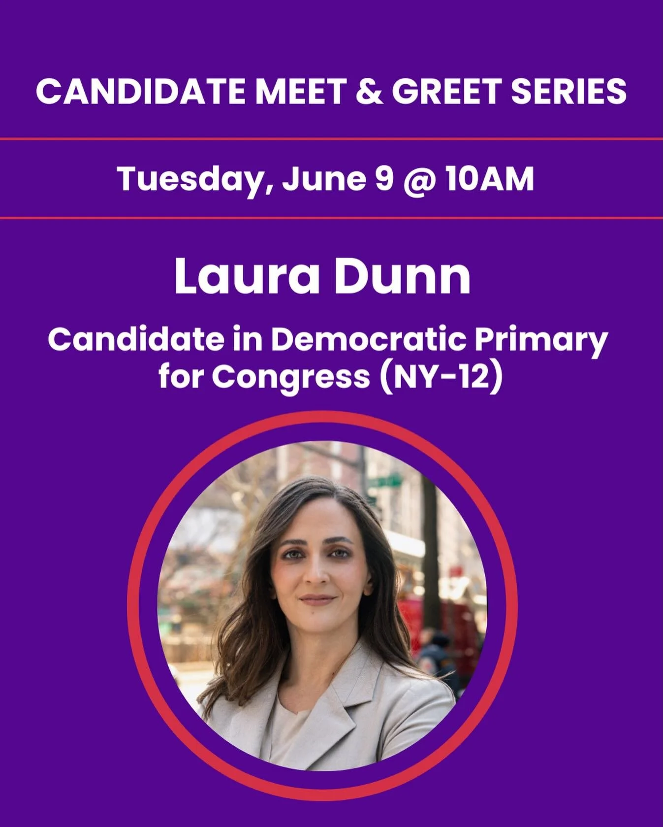 Join us Tuesday morning with postcarding beginning at 9:30 am!

&bull;10AM: Laura Dunn 
Candidate in Democratic Primary for Congress (NY-12) @lauradunn4congress 

Laura Dunn is an award-winning civil rights attorney, former public school teacher, and