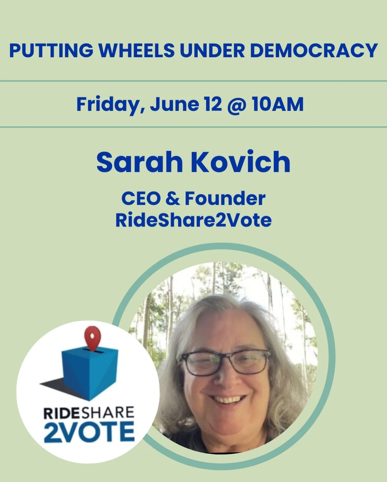 Two guests this Friday morning with postcarding beginning at 9:30 am!

&bull;10AM: Sarah Kovich, CEO &amp; Founder, RideShare2Vote @rideshare2vote @sarahkovich 

&bull;11AM: David Smith, Organizing Strategist, ACLU Georgia Voter Access Project 

As a