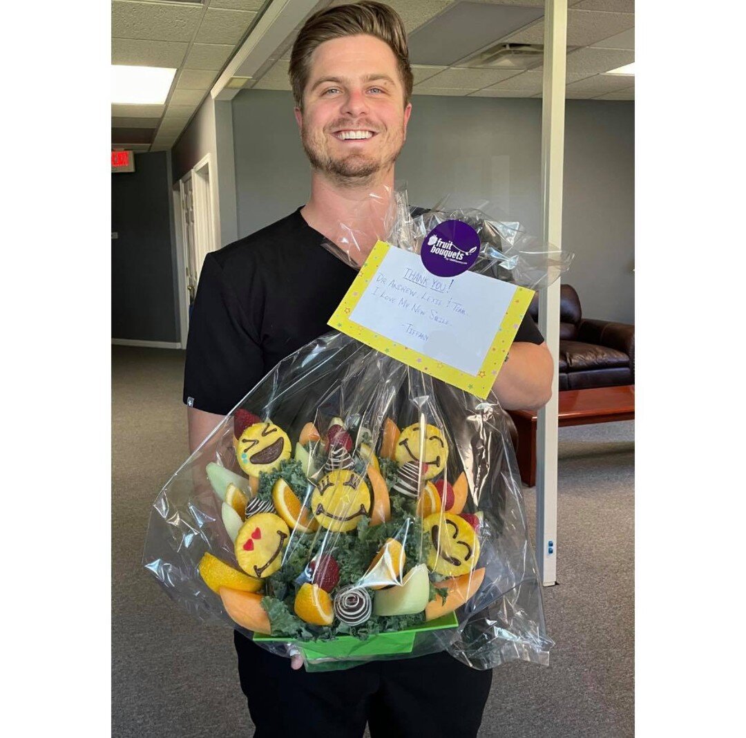 You know a patient loves their Invisalign results when we get an amazing fruit bouquet the day after their final appointment! Thank you so much Tiffany! (Before and After photos soon!)