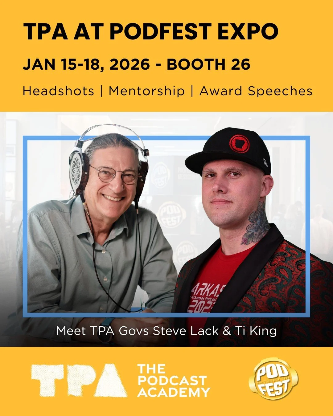 Heading to @podfestexpo in Orlando? Swing by Booth 26! 

Join TPA Governors @tikingofficial and @stevelackaudio for: 
📸 Free pro headshots 
🎙️ Personalized mentorship sessions 
🏆 Practice your award acceptance speech 
✨ Tips on becoming a TPA memb