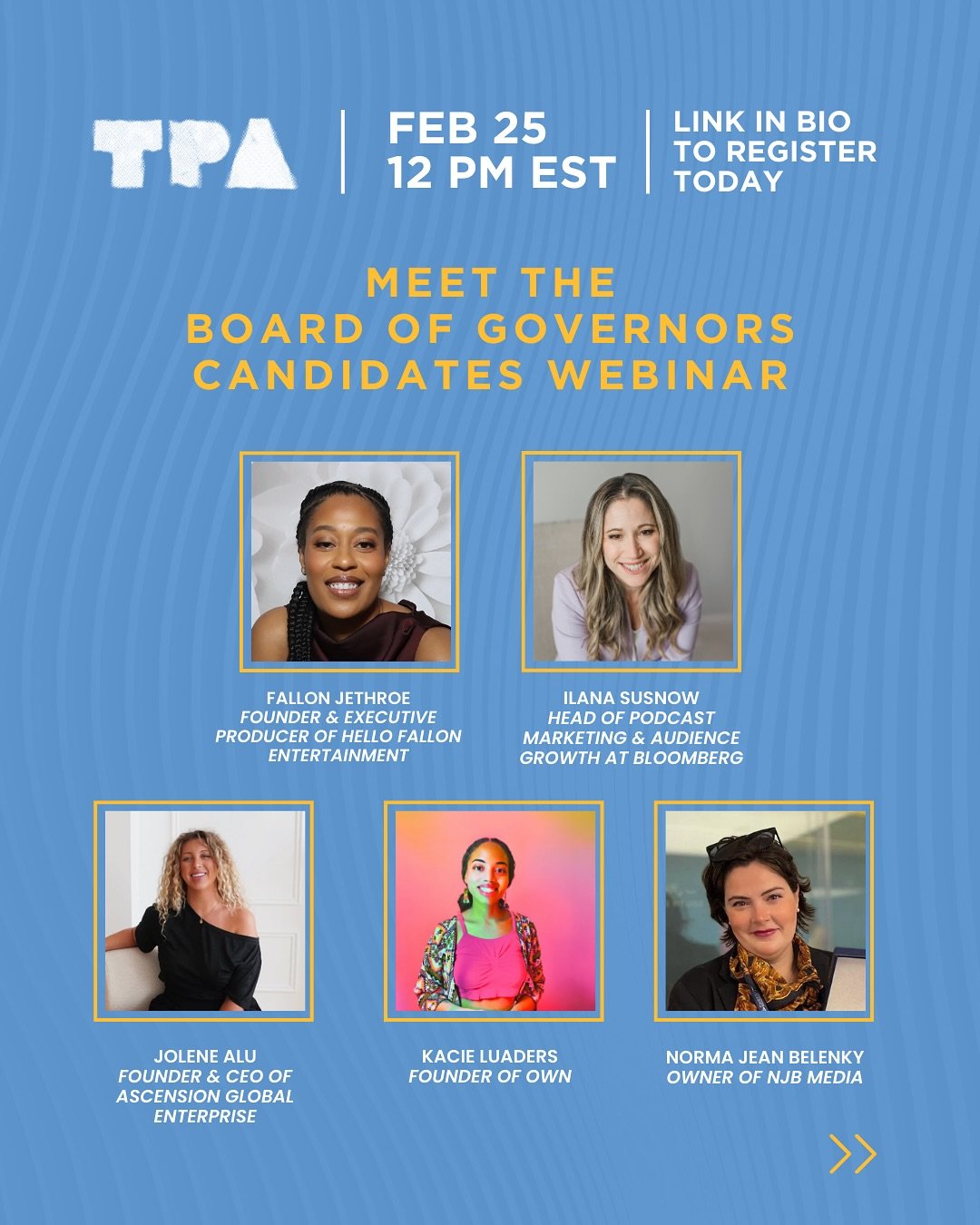 🎙️ Meet the 2026 Board of Governors Candidates

Join us on February 25 at 12:00 PM ET for a virtual event to hear directly from the candidates running for The Podcast Academy&rsquo;s Board of Governors. Learn more about their backgrounds, priorities