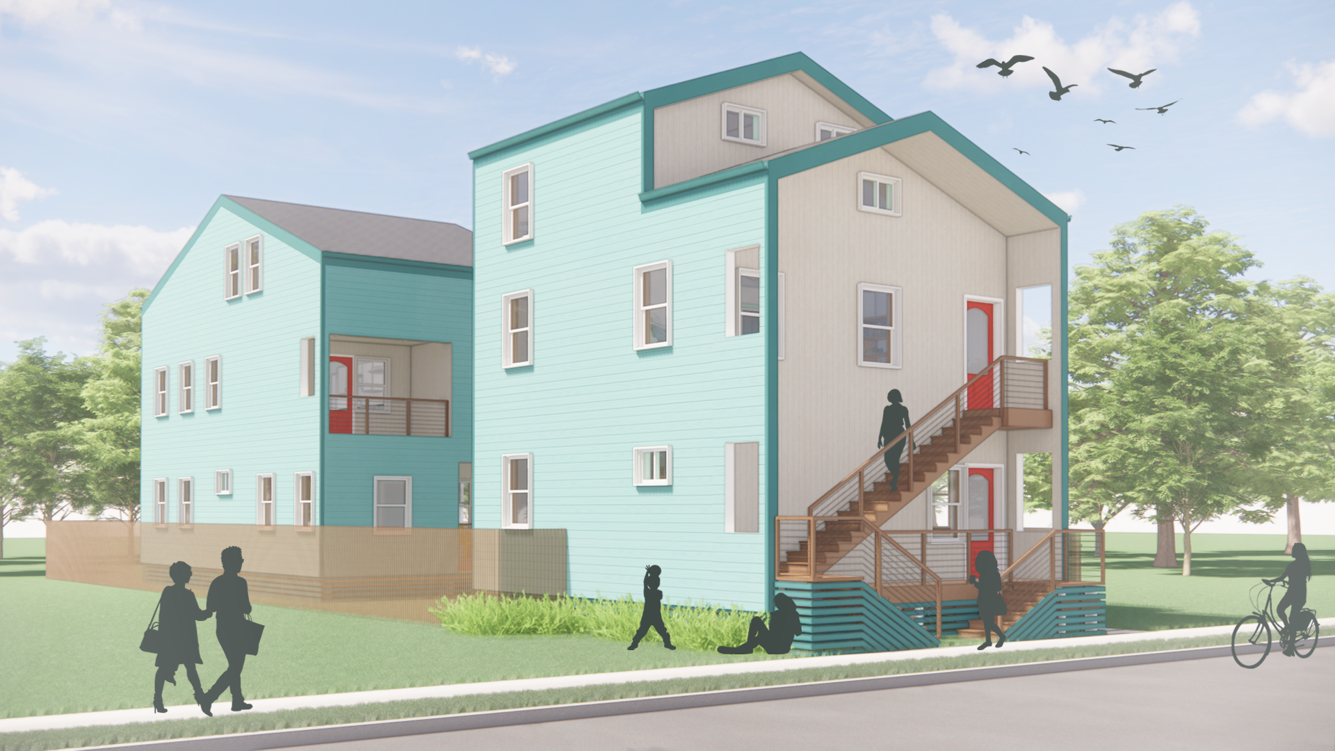 Architectural rendering of a multi-story residential building with a colorful exterior, surrounding green yard, and trees. Silhouettes of people and a cyclist are in the foreground.