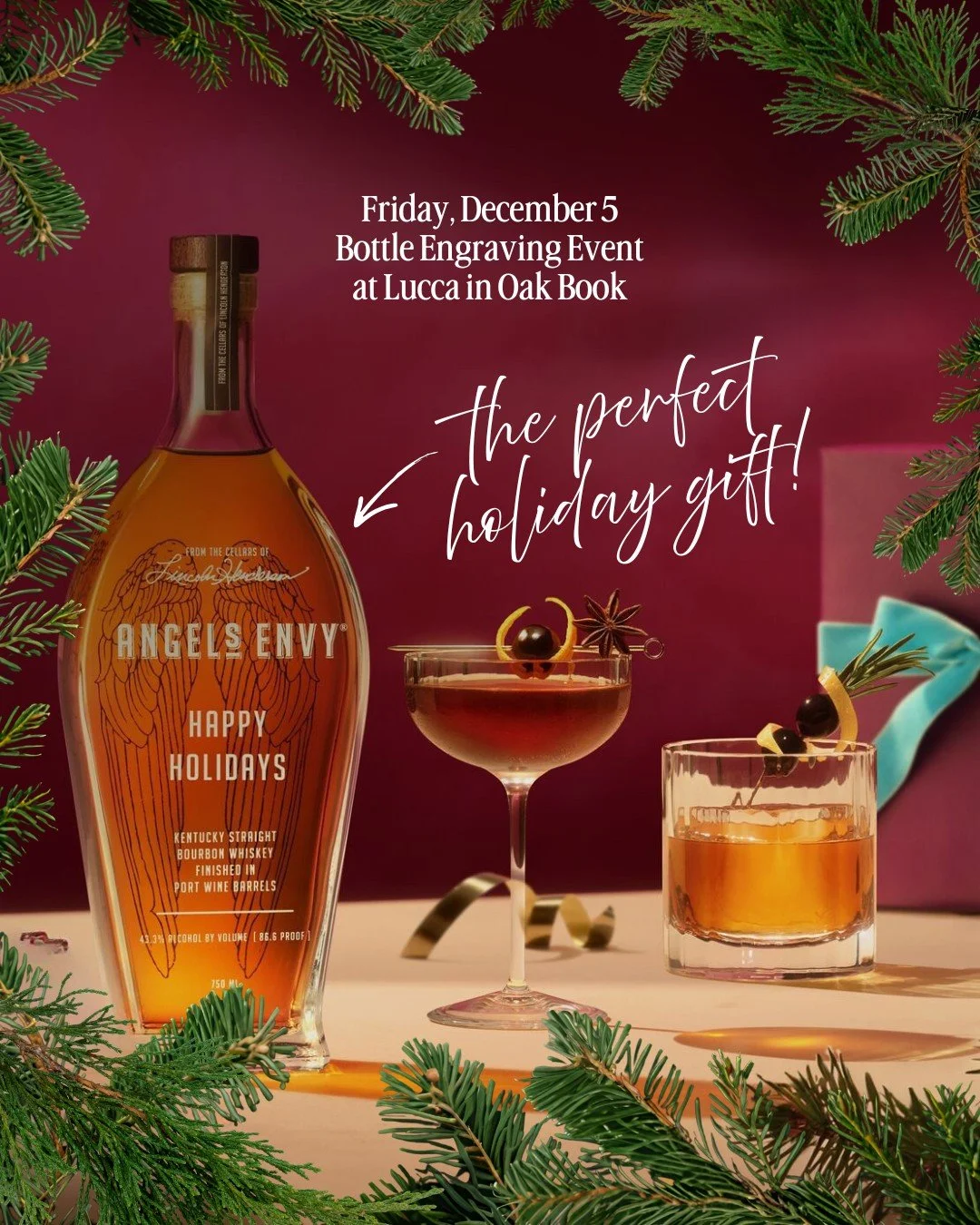 Let's toast to the season! Join us on Friday, December 5 from 5:00PM - 8:30 PM for a special bottle engraving event! We're partnering with @angelsenvy to bring you an evening of bourbon tasting and the opportunity to create a personalized holiday gif