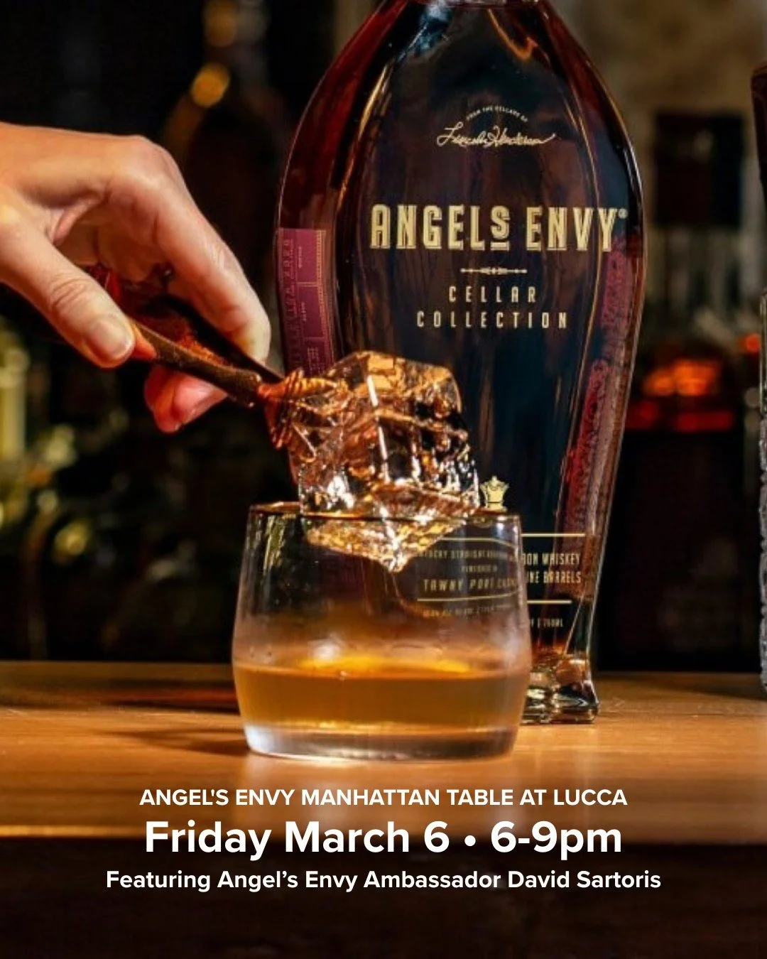 Something special behind the bar this Friday. 🥃 On Friday, March 6 from 6&ndash;9 PM, Angel&rsquo;s Envy Ambassador David Sartoris will be at Lucca Osteria hosting a Manhattan table and sharing a special cocktail featuring Angel&rsquo;s Envy Rye fin