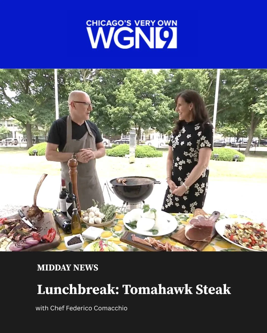 Chef Federico stopped by WGN-TV's Lunchbreak with Dina Bair to show off our Tomahawk Steak. Watch the segment at the link in our bio. 

✨ Upcoming events:
Heaven Hill Bourbon Dinner: June 15
Father's Day: June 21
Lucca Late Night: July 10