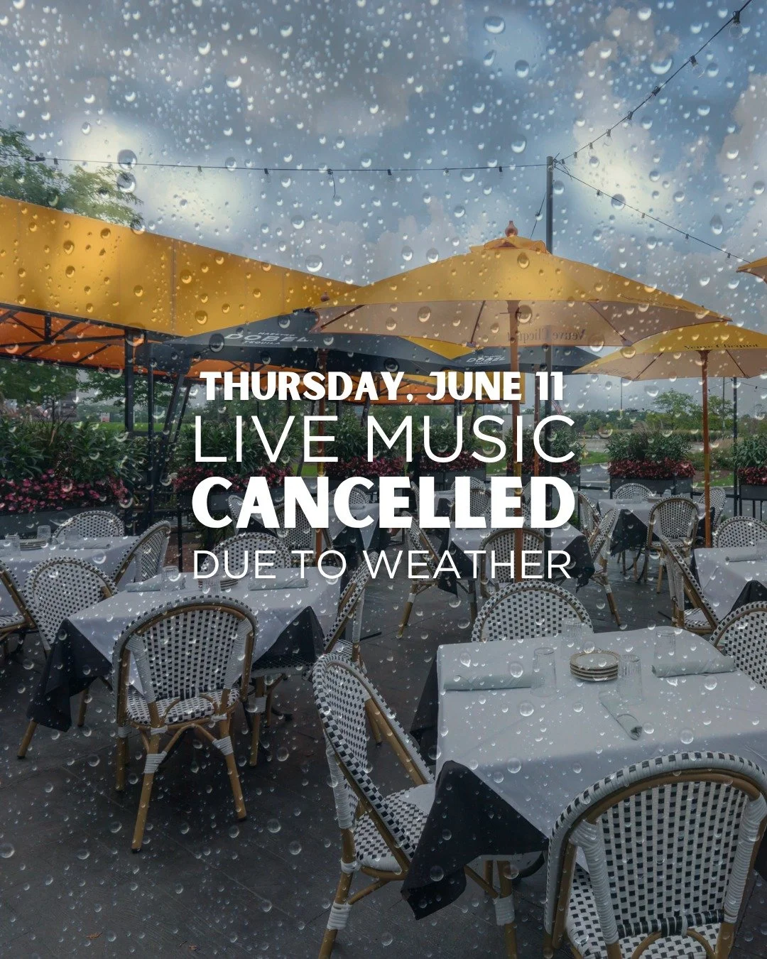 Quick Update for your planning purposes. Live music for Thursday, June 11 has been cancelled due to weather. Here are the upcoming dates:

Friday, June 12 | 6:30&ndash;9:30PM 
🎸 SONNY DAY DUO: Rock, Blues, Country &amp; Originals 

Saturday, June 13