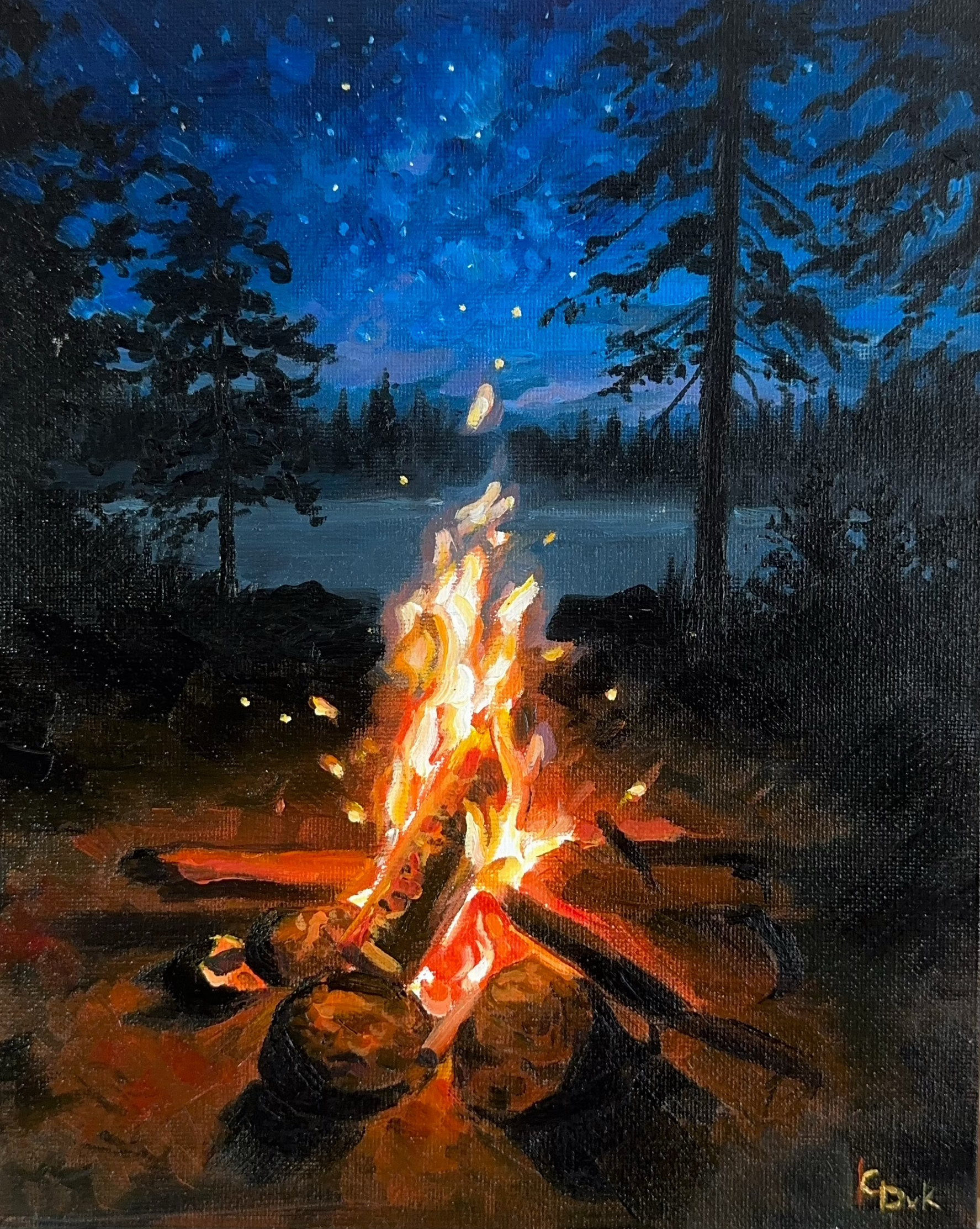 Campfire on Lac Saint-Jean - 10" x 8" oil on canvas 2023