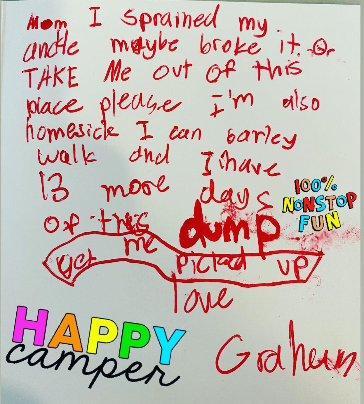 Think he&rsquo;s having fun or nah?!? 😆 
My favorite part is how he tried to draw this emoji 🤷&zwj;♂️ after &ldquo;maybe broke it&rdquo; #pitiful
#lettersfromcamp #takemeoutofthisplace #sarahtakesabreather #grahamshouldtakeabreather 🥰