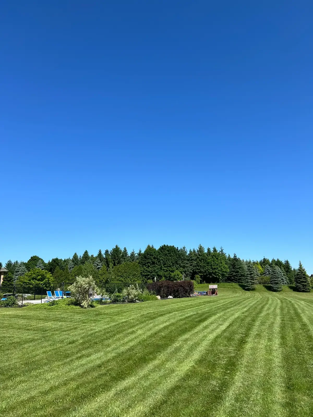 Beautiful lawn stripes during residential lawn maintenance in Puslinch, Ontario