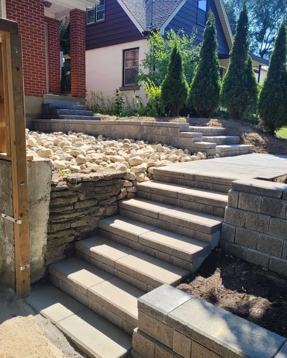 Concrete block stone staircase installed in Kitchener Ontario
