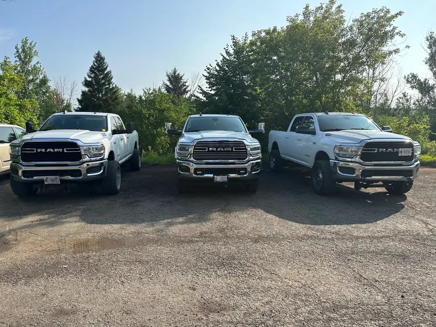 3 white landscaping trucks parked together in Guelph