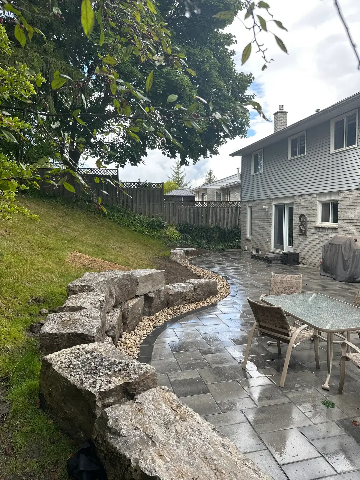 Interlock paver and armour stone wall installation completed by Brothers Landscaping in Cambridge, Ontario