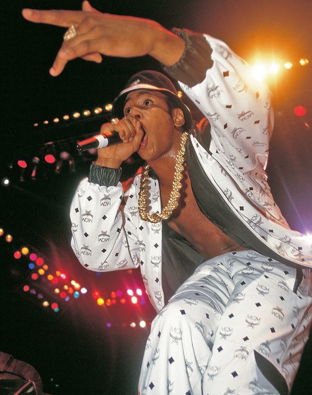 LL Cool J performing in a custom MCM suit by Dapper Dan, 1988