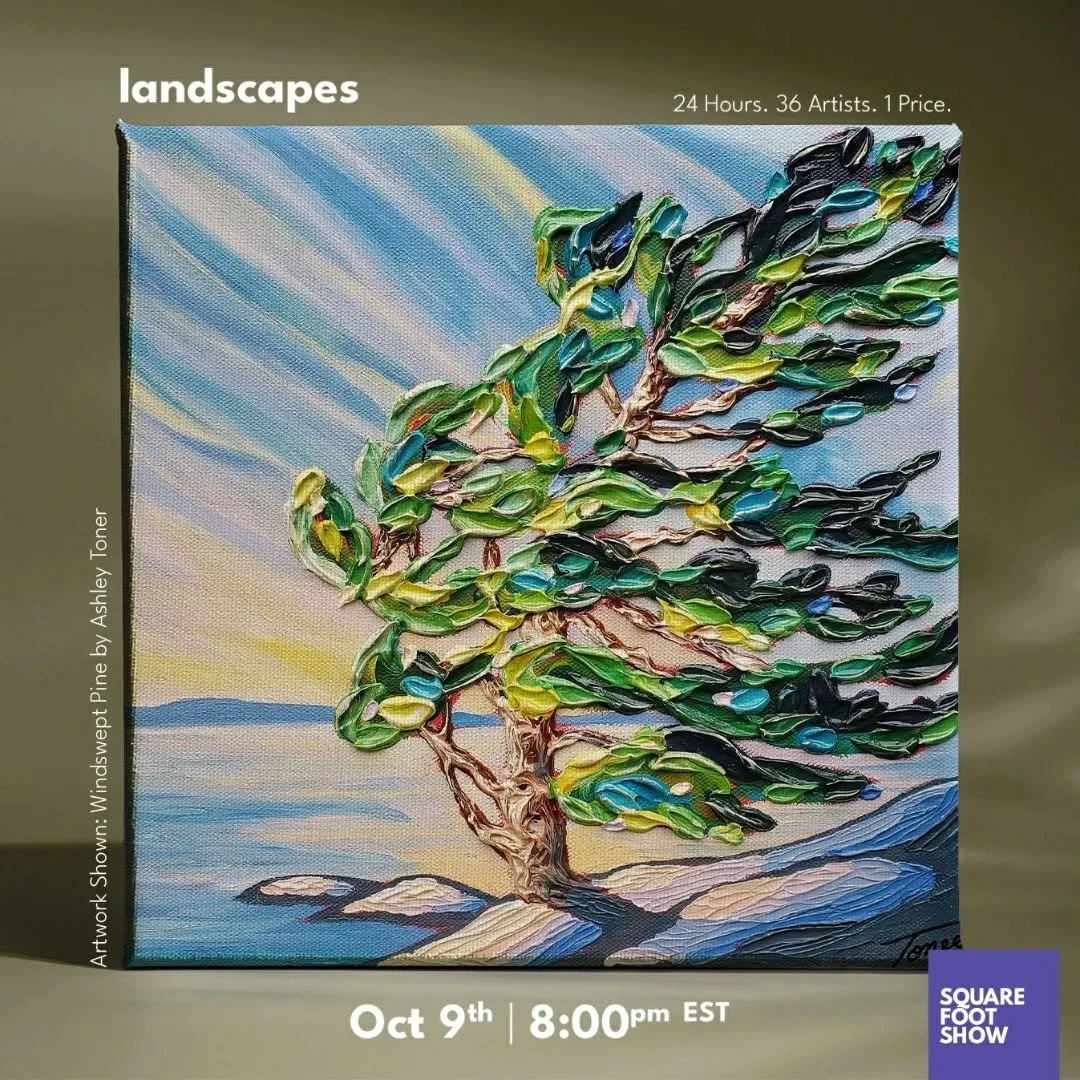 Excited to share that the landscapes @squarefootshow opens October 9th at 8PM EST! 

Subscribe for a chance to win my original painting called 'Windswept Pine'.

I&rsquo;ll have three palette knife paintings available in the show:

Dancing at Sunset 