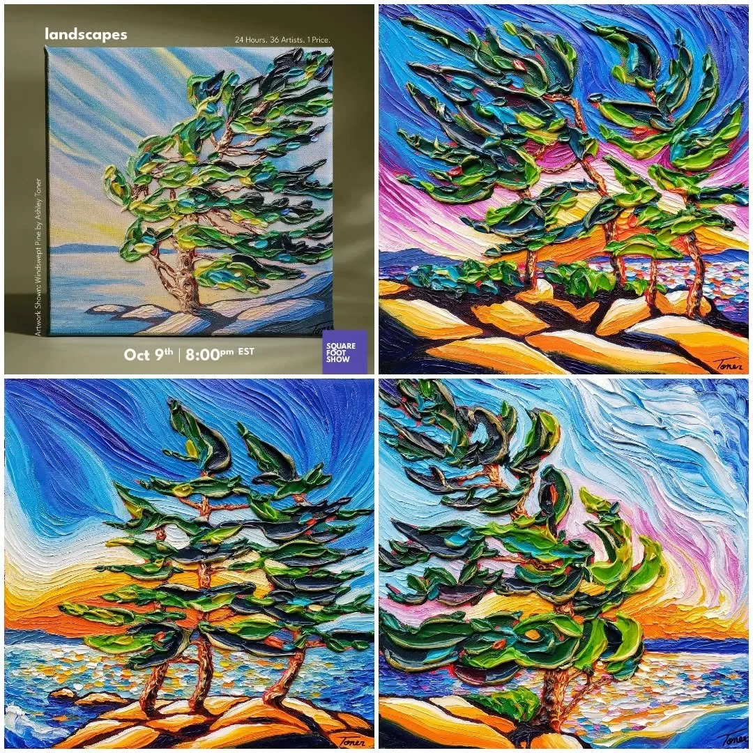 🎉 Opening Tonight! 🎉

The @squarefootshow kicks off tonight at 8PM EST and I'm thrilled to have these three paintings featured in the show!

There's still time to subscribe for a chance to win my original impasto painting, &ldquo;Windswept Pine&rdq