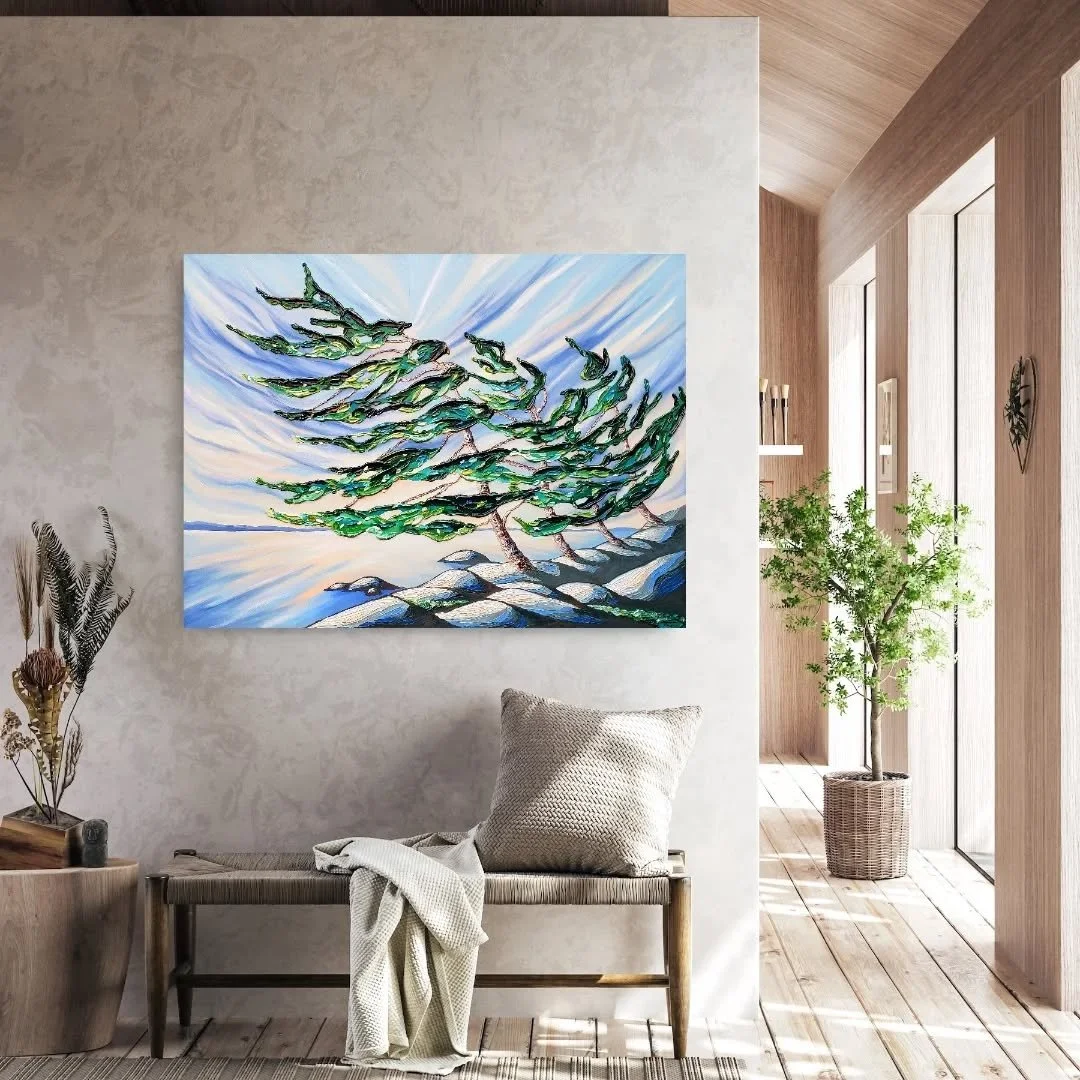 'Seize the Moment' is now available @kultiqstudio in the Big Ideas Show! 

This piece captures the fleeting energy of a single instant in nature. The windswept trees leaning over the bay suggest a world in motion, branches bending, air rushing, every
