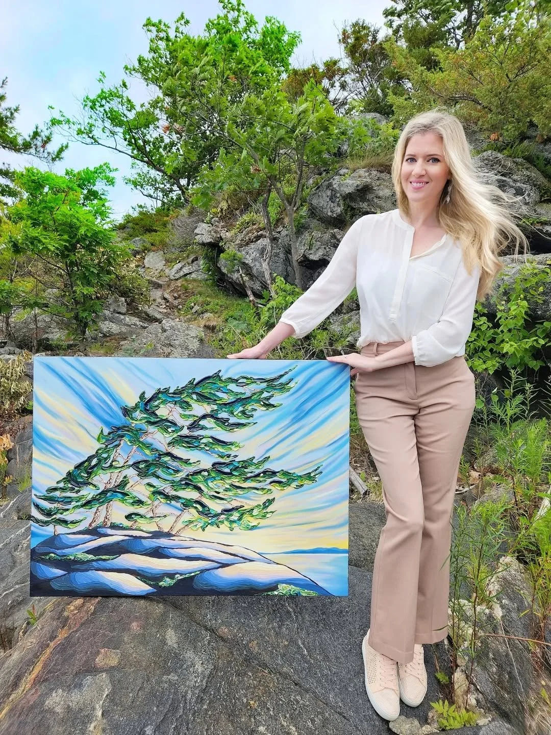 It was a very windy day on Georgian Bay when I did this photoshoot. 'Lean in Together' is inspired by my roots and humble upbringing in the small and charming town of Parry Sound. The beautiful rocks and fresh breeze that create such movement and ene