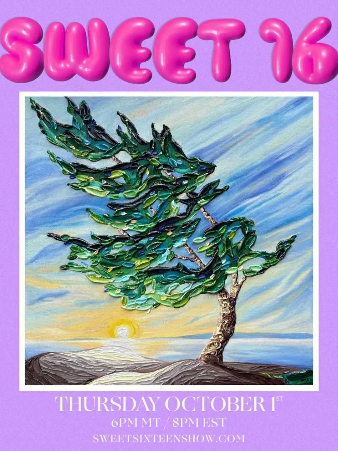 Tune into the @sweetsixteenshow Oct 1st at 8pm EST! Gracefully Windswept will be available in the show. 
It's an exciting fast paced online show, so log on right away to catch this one!

sweetsixteenshow.com

#sweetsixteenartshow #impastopainting #te