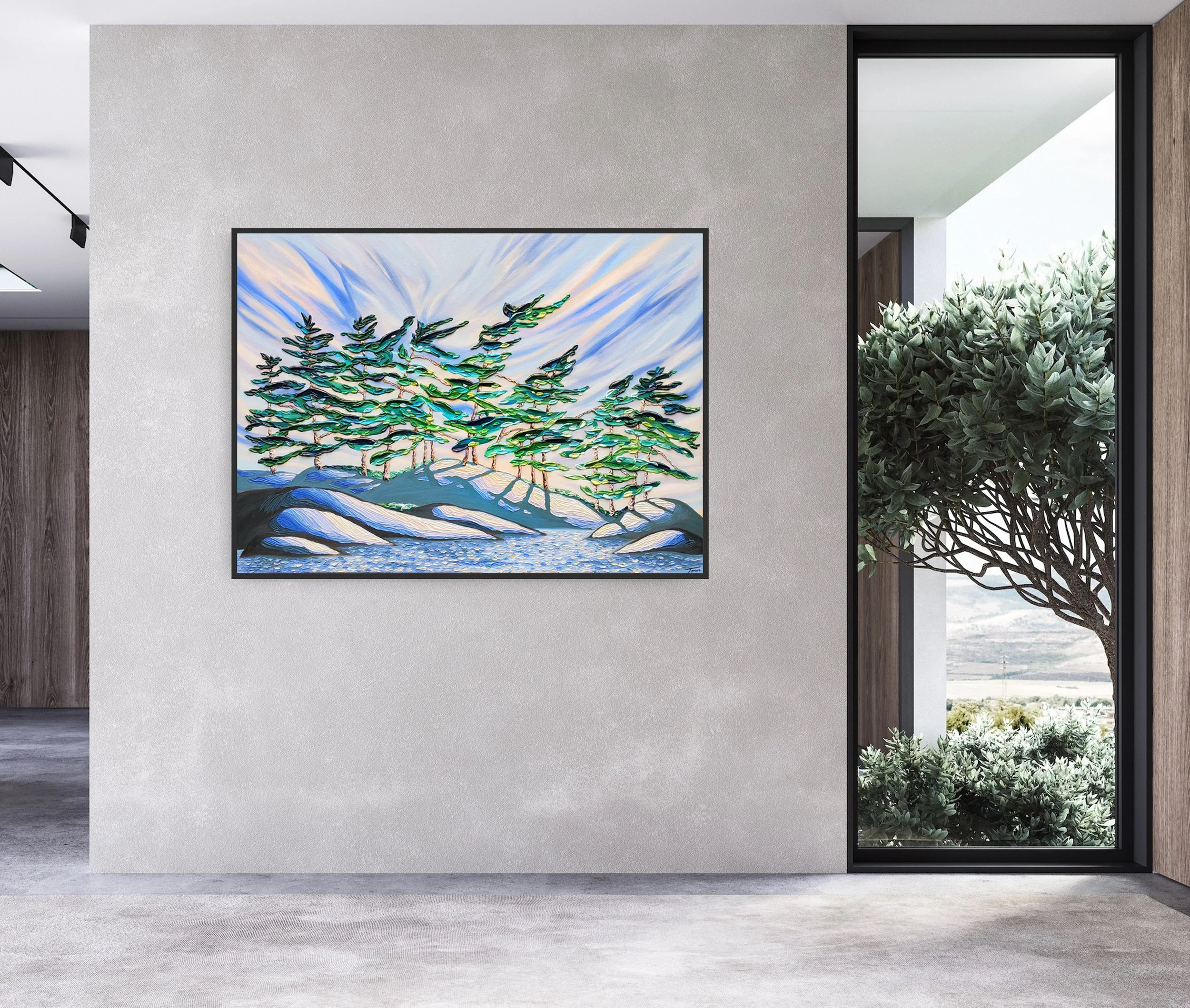 Modern interior with abstract landscape painting of trees on wall and large window showing outdoor greenery.