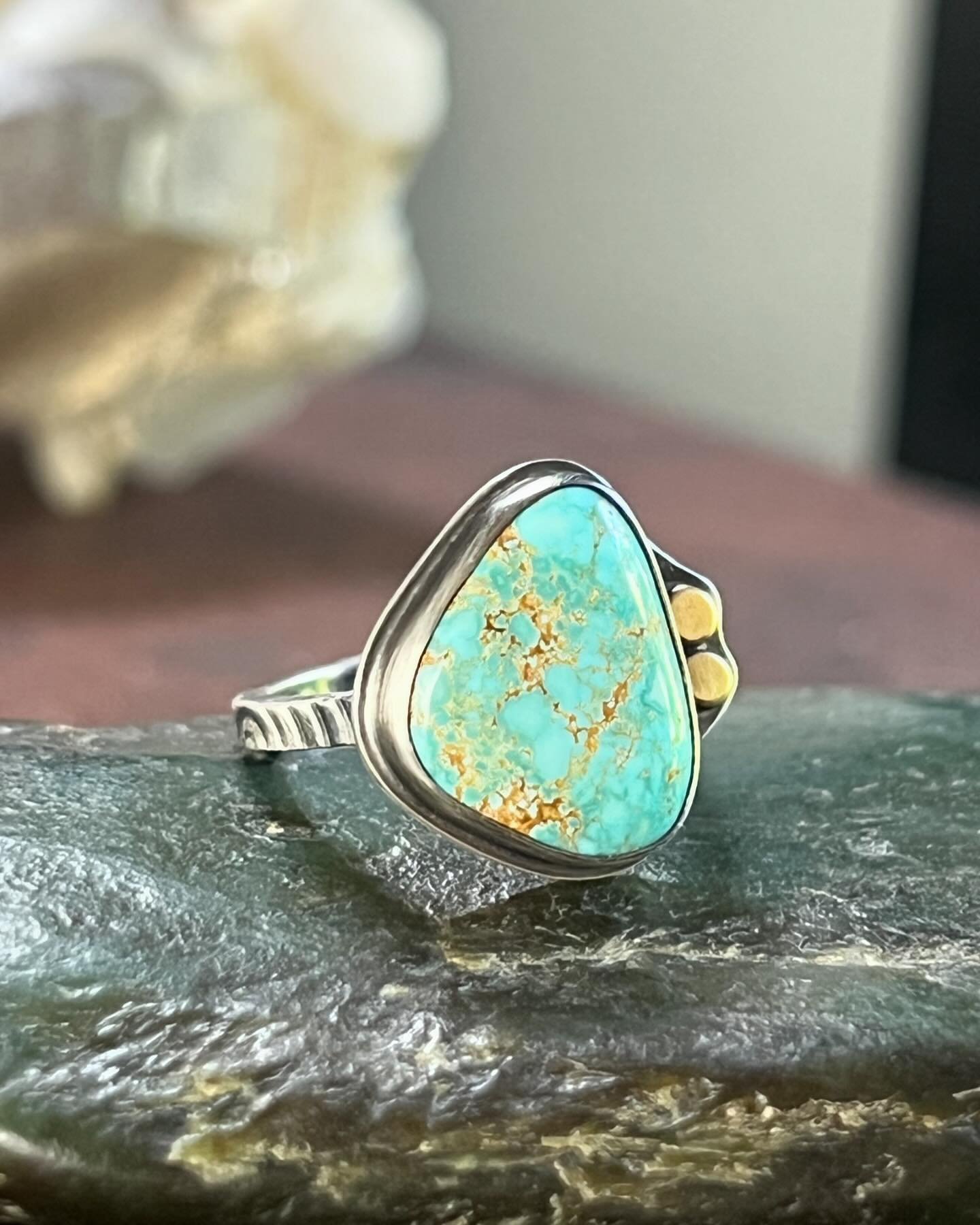 Introducing a size 6.5 turquoise sterling silver ring, accentuated with delicate gold touches for a touch of elegance and charm. 
Just added to my Etsy store!