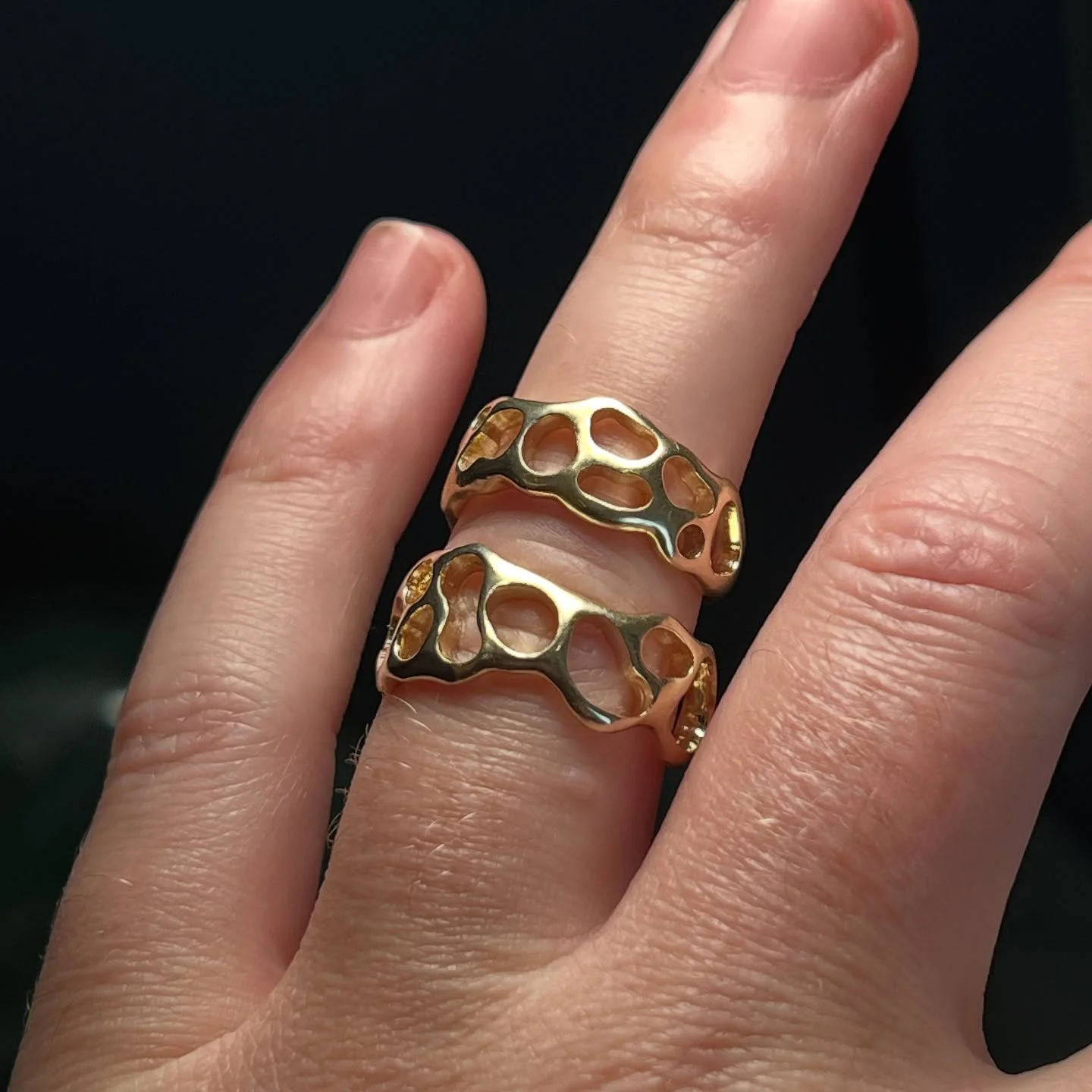 Tried making just one of these open-form gold rings&hellip; and then immediately made more because they&rsquo;re too fun to stop carving. They look like coral, bubbles, pebbles&hellip; or maybe just the inside of my jeweler brain. Either way, they&rs