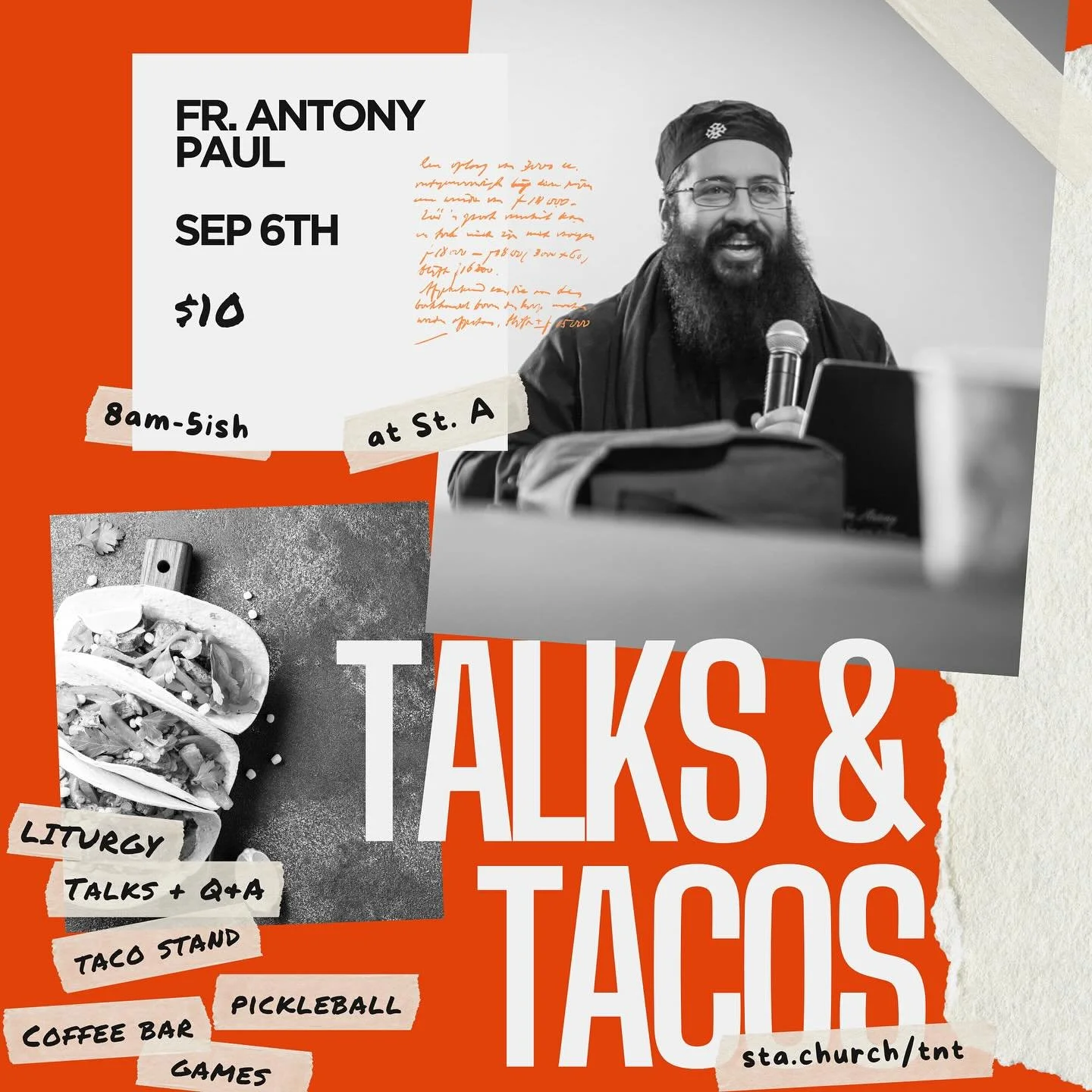 Talks and Tacos 💬🌮
The event of the season is happening September 6 - with guest speaker Fr Antony Paul! Great talks, fellowship, and all the tacos (plus coffee and breakfast) you can handle. Everyone&rsquo;s going to be taco-ing about it!

Don&rsq