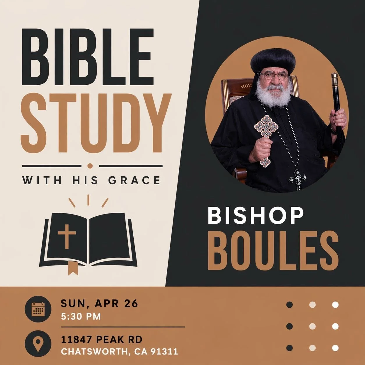 Christ is Risen!

Special treat this Sunday (TOMORROW!) 
God willing, Anba Boules from Kenya will be giving a talk at the Androus&rsquo; home at 5:30pm. 

Highly recommend making the time to come -see you there!