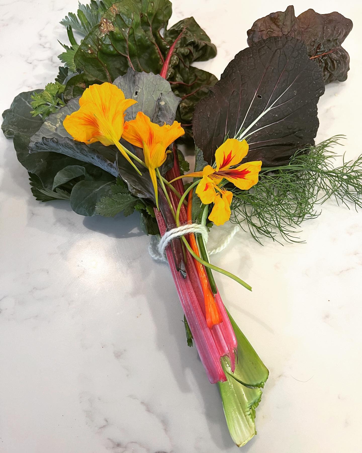 I love that my kindergartener came home with this edible bouquet from her gardening class.  Everyone should learn about how many of the plants they see in gardens are edible and get the chance to plant, taste and gather these gems!  We are going to i