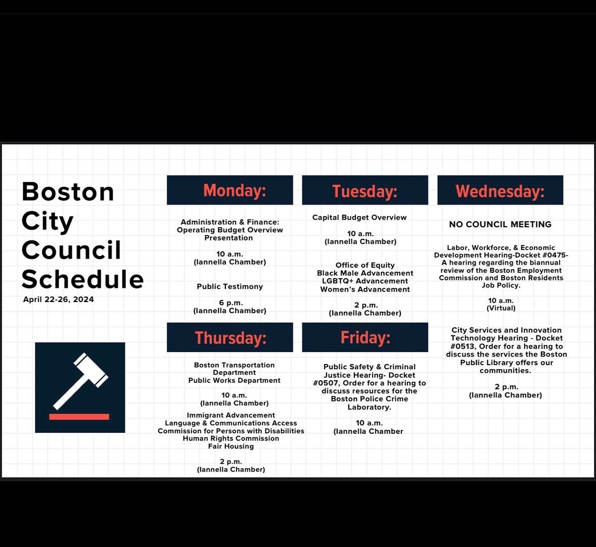📣 💴 Budget season starts today! Here is this week&rsquo;s schedule for the @bostoncitycouncil. There will be no council meeting on Wednesday, but there are hearings every day and tonight we&rsquo;ll be hearing public testimony on the budget. 

We w