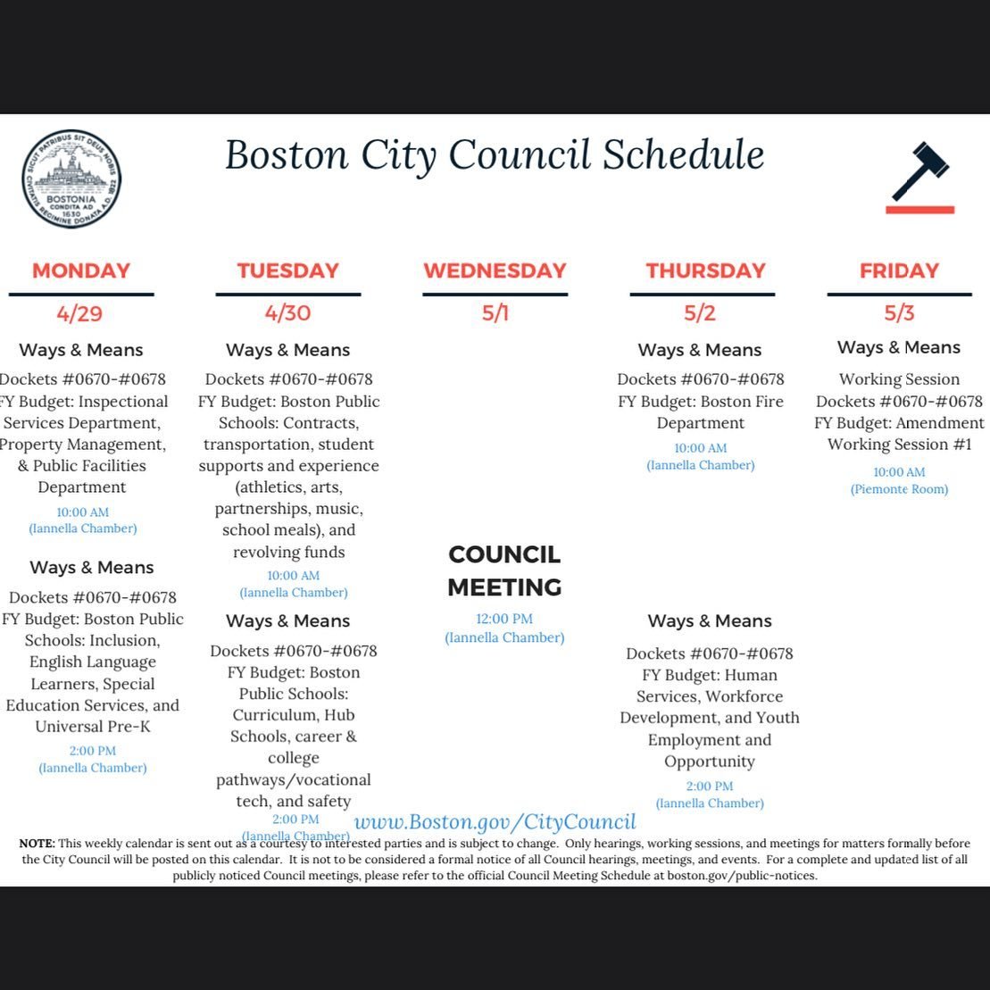 Happy Monday! Here&rsquo;s this week&rsquo;s scheduling for budget hearings and the @bostoncitycouncil weekly meeting.  Public testimony can be taken at all hearings in person or via zoom.