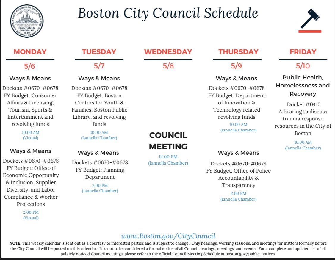 Happy Sunny Monday 🌞 Here&rsquo;s this week&rsquo;s schedule for budget hearings and the @bostoncitycouncil weekly meeting.  Public testimony can be taken at all hearings in person or via zoom.
