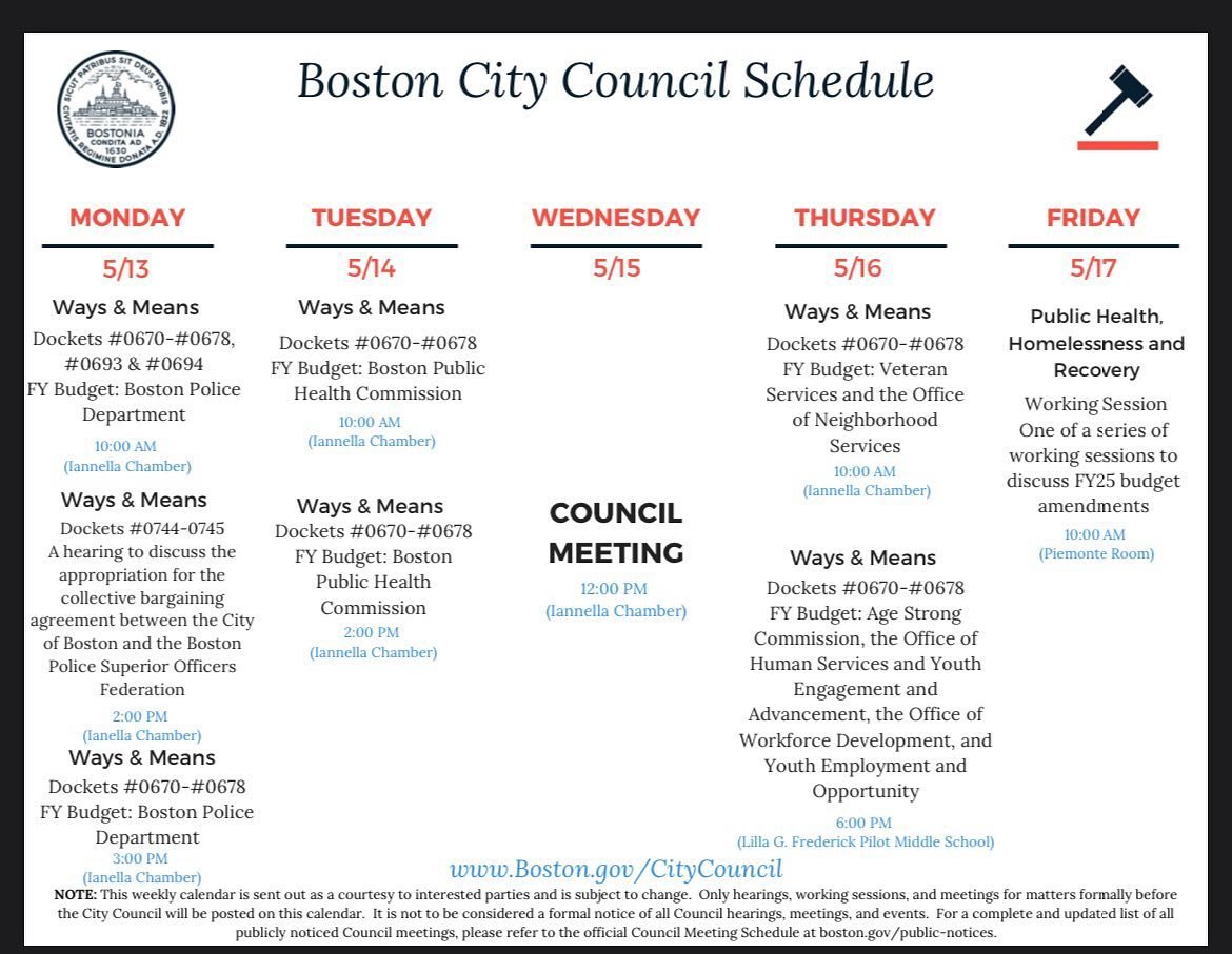 Happy Monday! Here&rsquo;s this week&rsquo;s schedule for budget hearings and the @bostoncitycouncil weekly meeting.  Public testimony can be taken at all hearings in person or via zoom.