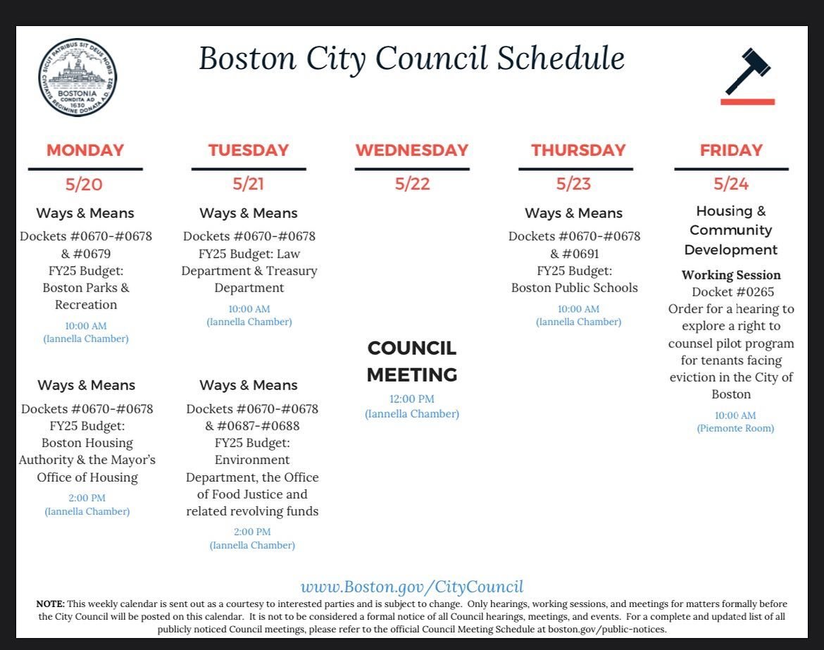 Good morning, Boston! Here&rsquo;s this week&rsquo;s schedule for the budget hearings, committee hearings, and the @bostoncitycouncil weekly meeting.  Public testimony can be taken at all hearings in person or via zoom.