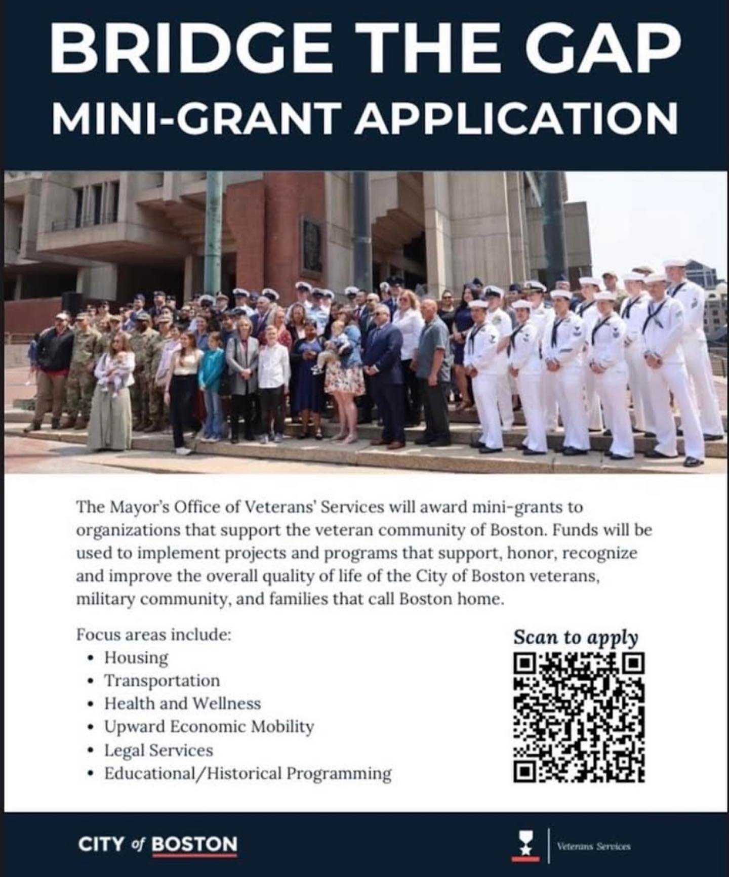 This Friday (05/24) is the deadline for the @bostonvets Bridge the Gap grant application. Groups &amp; people who work with our veteran residents on issues of employment, housing, mental health, and other areas are encouraged to apply.  You can do so