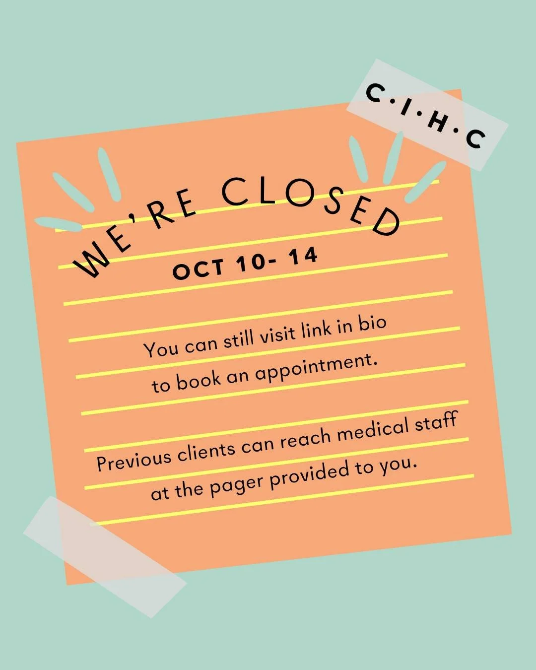We hope you have a restful weekend. 🎃🦃

Our clinic will be closed from Oct 10-14th, and our booking line will be closed Monday the 14th.

You can also use our online booking system to request an appointment at choiceinhealth.ca. Link in bio.

Image